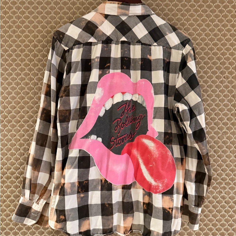 Upcycled Vintage Black/Brown and White flannel shirt.   Rolling Stones logo